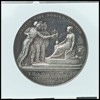 Medal of a queen, seated, being offered a crown by allegorical figures