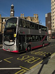 A First Leeds Volvo / Wrightbus Gemini 2 hybrid bus in City Square.