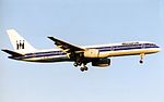 Boeing 757-2T7 operated by the now-defunct Monarch Airlines at London Gatwick, 1996.