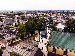 Aerial view with the Church of the Assumption of Virgin Mary in the foreground