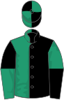 Black and emerald green (halved), reversed halved sleeves, quartered cap