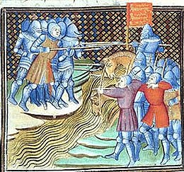 A colourful, Medieval image of knights and bowmen in hand to hand combat