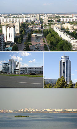 Clockwise from top: Boulevard of Enthusiasts, «2/18» Business Centre, City view from Kama River, IT park