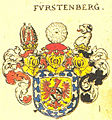 Armoiries des Fürstenberg : d'or, à la bordure nébulée d'argent sur azur, le champ ch. d'une aigle de gueules, becquée et membrée d'azur, ch. sur l'estomac d'un écusson écartelé : aux 1 et 4, de gueules, au gonfanon d'argent (Werdenberg); aux 2 et 3, d'argent, à la bande vivrée de sable (Heiligenberg). Cinq casques d'or, couronnés du même, excepté le troisième Source: Rietstap.