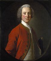 Lord Loudoun in a half-length portrait. Painted when he was about 45, he faces the painter, wearing a red coat over a white vest and a white shirt with lace on the front. His body is turned three quarters, so only his right arm is partially visible. He appears to be wearing a powdered wig.