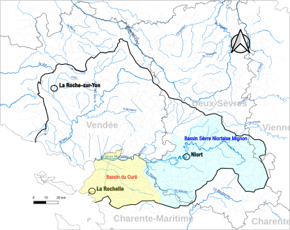 Carte du territoire Sèvre Niortaise et Marais Poitevin, avec représentation des CTGQ Sèvre Niortaise Mignon et Curé.