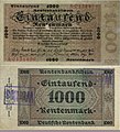 1000 рентних марок, зразка 1923 року. Розмір 155x86 мм