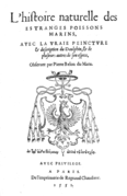 Página de título de L'histoire naturelle des éstranges poissons marins... de Pierre Belon.