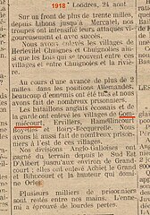 L'article de journal mentionnnant la libération du village le 24 août 1918.