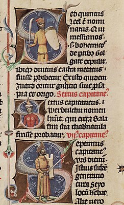 Chronicon Pictum, Hungarian, Lehel, Bulcsú, Örs, chieftain, captain, shield, sword, saber, spear, medieval, chronicle, book, illumination, illustration, history