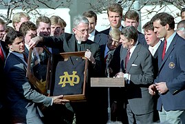 President Ronald Reagan hosting the NCAA football champion University of Notre Dame football team.jpg