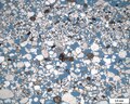 Sezione sottile di arenaria, una classica roccia reservoir. La porosità della roccia, entro la quale nel sottosuolo sarebbero contenuti i fluidi (acqua, olio o gas), è qui riempita di resina epossidica (blu).