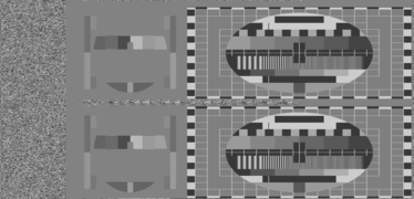 PM5544 pattern featured in a simulated MAC transmission; from left to right: digital data, chrominance, and luminance. Both fields (odd and even lines) are shown.