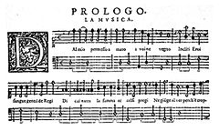 Four staves of music manuscript, headed "Prologo. La musica", with a decorative "D" key signature