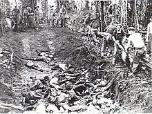 Soldiers burying dead in a large pit