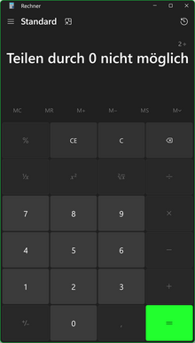 Der Screenshot zeigt den Windows Rechner mit der Ausgabe "Teilen durch 0 nicht möglich"