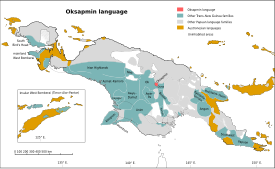 Oksapminin puhuma-alue punaisella