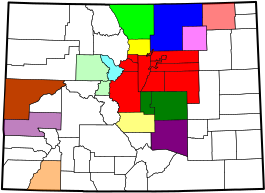 Map of the 14 Core Based Statistical Areas in the state of Colorado.