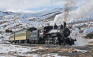 Virginia and Truckee Railroad excursion train climbing out of Mound House, March 2011.