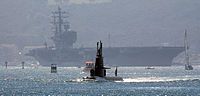 HSwMS Gotland transits through San Diego Harbor with the Nimitz-class USS Ronald Reagan following close behind during the "Sea and Air Parade"” held as part of Fleet Week San Diego 2005.