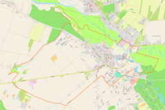 Mapa konturowa Lutomierska, blisko centrum na prawo u góry znajduje się punkt z opisem „Most tramwajowy w Lutomiersku”