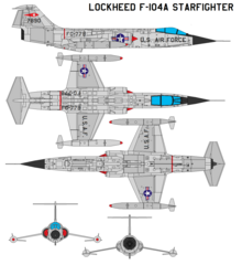 Lockheed F-104 drawings showing right side, top, bottom, front, and rear views