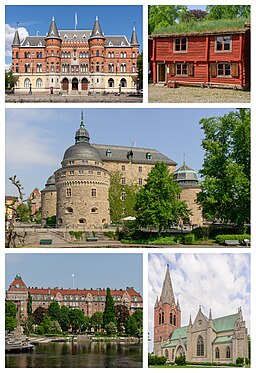 Från vänster: Hotel Borgen, Borgarhuset, Örebro slott, Centralpalatset och Sankt Nicolai kyrka