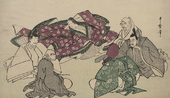 Murasaki Shikibu digambarkan sedang berdiskusi dengan lima penyair laki-laki istana. Ukiyo-e dari kira-kira tahun 1795.