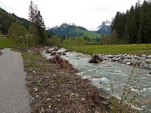 Renaturation d'une rivière en Suisse avec utilisation de bois mort.