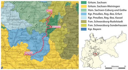 Verlauf der Bahnstrecke Plaue–Themar durch die Thüringer Kleinstaaten