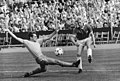 Michael Schulz of BFC Dynamo and defending Mario Roth of FC Vorwärts Frankfurt, during a match at the Dynamo-Stadion im Sportforum on 16 August 1986.