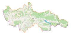 Mapa konturowa powiatu nowotarskiego, blisko centrum na lewo znajduje się punkt z opisem „Parafia św. Marii Magdaleny w Odrowążu”