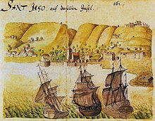 Painting of three ships in a harbor
