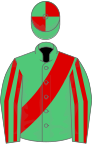 Emerald green, red sash, striped sleeves, quartered cap