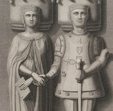 Drawing of the effigies of John I of Portugal and Queen Philippa of Lancaster. Batalha Monastery, Batalha, Portugal.[86]