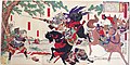 Tomoe Gozen defeats Uchida Ieyoshi and Hatakeyama Shigetada—Woodblock printing, 1899