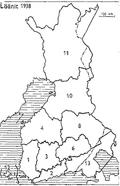 1938 1: Turku en Pori 2: Uusimaa 3: Häme 4: Vaasa 6: Mikkeli 8: Kuopio 10: Oulu 11: Lapland 12: Åland 13: Viipuri