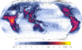 Image 13World map showing frequency of lightning strikes, in flashes per km2 per year (equal-area projection). Lightning strikes most frequently in the Democratic Republic of the Congo. Combined 1995–2003 data from the Optical Transient Detector and 1998–2003 data from the Lightning Imaging Sensor. (from Atmospheric electricity)