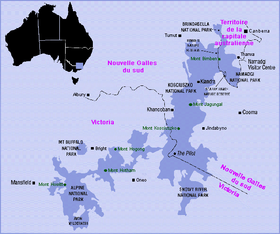 Carte des parcs dans les "Snowy Mountains", le "High Country" et monts Brindabella