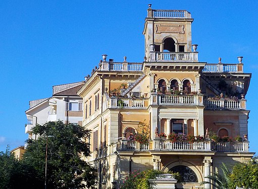 Balconies and stairs, building in Bracciano, Italy