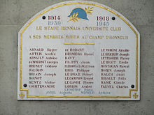 Photographie montrant une plaque commémorative, listant les membres du Stade rennais morts durant la Première Guerre mondiale