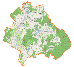 Mapa konturowa gminy Mysłakowice, u góry nieco na lewo znajduje się ikonka pałacu z opisem „Pałac w Wojanowie (Pałac Wojanów)”