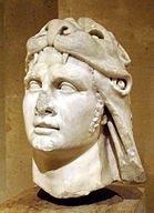 Slightly damaged stone sculpture of a man's head. He wears an animal pelt over his hair.