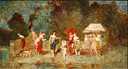 Scène de parc, femmes, enfants et chiens