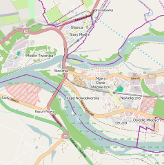 Mapa konturowa Nowego Dworu Mazowieckiego, u góry znajduje się punkt z opisem „Modlin”