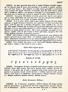 Photo représentant une page interne du livre sur laquelle ente deux paragraphe en italien décrivant ce nouvel alphabet, est inséré ce troisième alphabet de Vassilli d'abord sur trois ligne en lettres d'imprimerie et en dessous sur une ligne les douze nouvelles lettres en écriture cursive