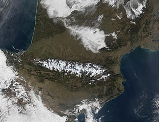 The Pyrenees Mountains seen from a satellite.