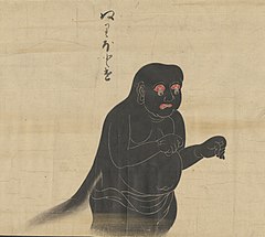 17 Nuribotoke (ぬりぼとけ）is a yōkai that resembles an animated corpse. Distinguishing attributes in most depictions are its pitch black color and its droopy, dangling eyeballs.[25] Its name means "lacquered Buddha", although the term for Buddha (hotoke) can also be used for people who have died, since it is believed that they, too, become a buddha. This yōkai is commonly said to appear at night out of a butsudan (Buddhist shrine) that has been left open overnight or otherwise poorly maintained.[12] In such cases, it has been shown to crawl out of the butsudan in order to cause havoc. Some reports say that when it appears, it is simply to repair and maintain the butsudan itself; however, more mischievous and violent acts have also been seen.[12] One interesting aspect of the Nuribotoke's appearance is the black appendage that can be seen coming from its back, which is widely debated. Many depictions, including this scroll, show it to be hair. Many of these portrayals are from the Edo period.[46] However, there are also many records showing this yokai to actually have a catfish-like tail coming from its back.[46]