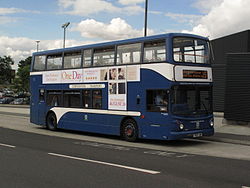 A Stagecoach bus painted in the old Corporation Transport livery.