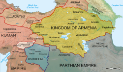 Map yang menunjukkan Commagene (di sebelah kiri dalam warna merah jambu terang) pada tahun 50 M; di sekitarnya adalah Armenia, Sophene, Osroene, dan Kekaisaran Romawi dan Parthia